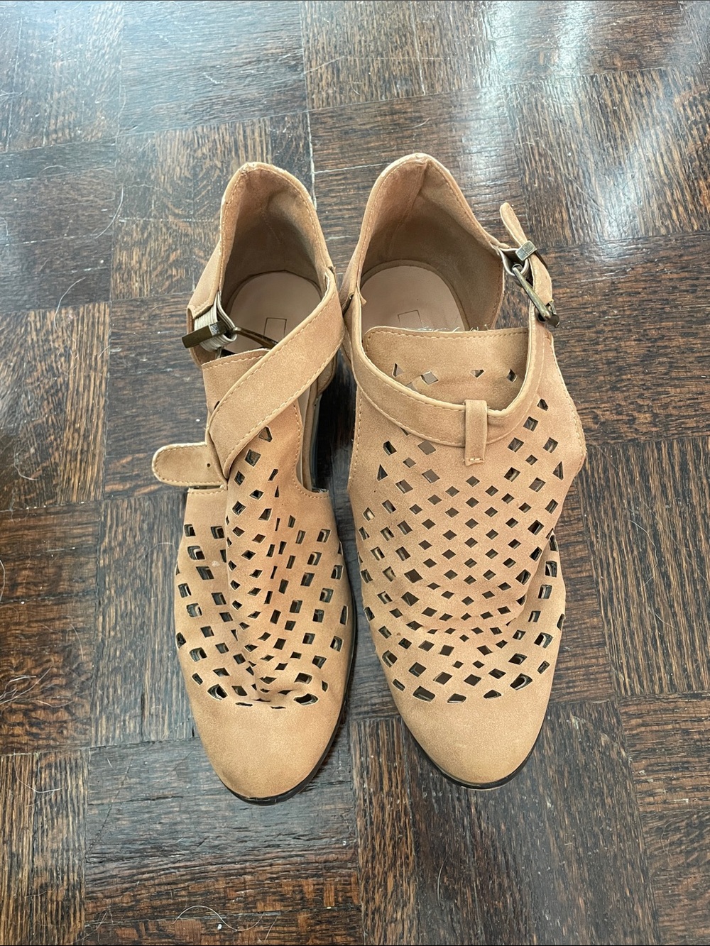 Yoki Tan Perforated Suede Ankle Heels with Buckle Strap